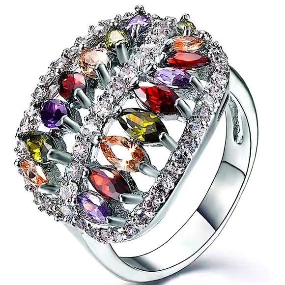 18K Gold Plated Rainbow Ring, Marquis Cut, Zircon, Multicolor - Picture 7 of 7